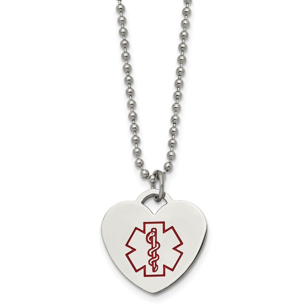 Steel Red Enamel Heart Medical ID Pendant on a 22in Ball Chain Necklace